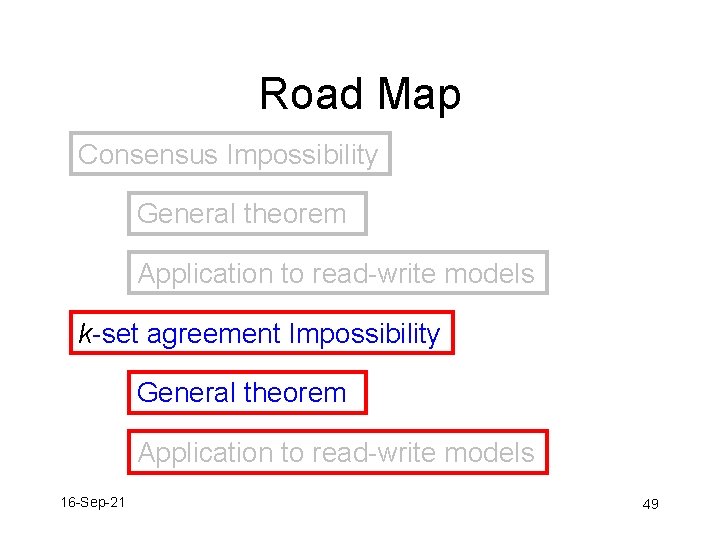 Road Map Consensus Impossibility General theorem Application to read-write models k-set agreement Impossibility General