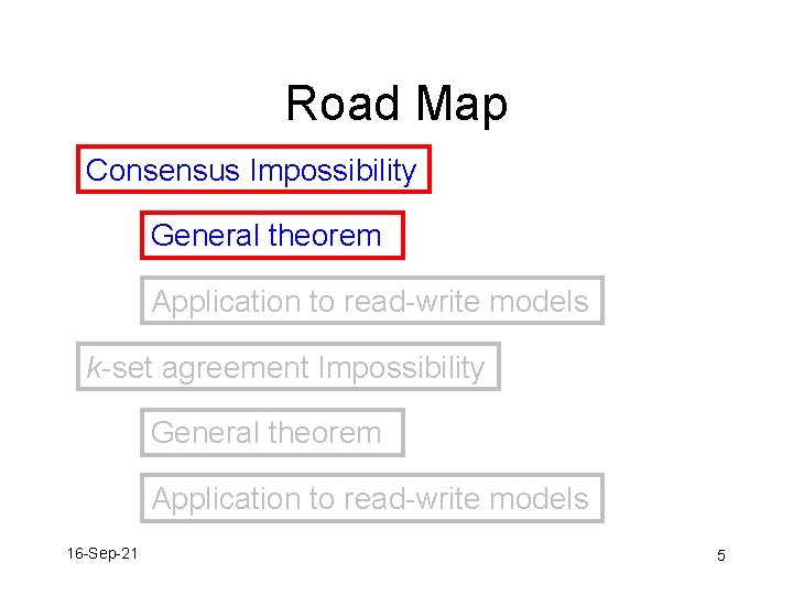 Road Map Consensus Impossibility General theorem Application to read-write models k-set agreement Impossibility General