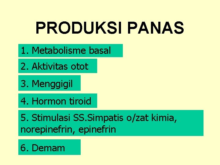 PRODUKSI PANAS 1. Metabolisme basal 2. Aktivitas otot 3. Menggigil 4. Hormon tiroid 5.