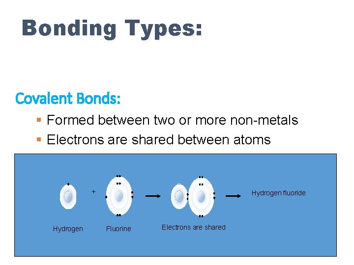 Bonding Types: Covalent Bonds: § Formed between two or more non-metals § Electrons are