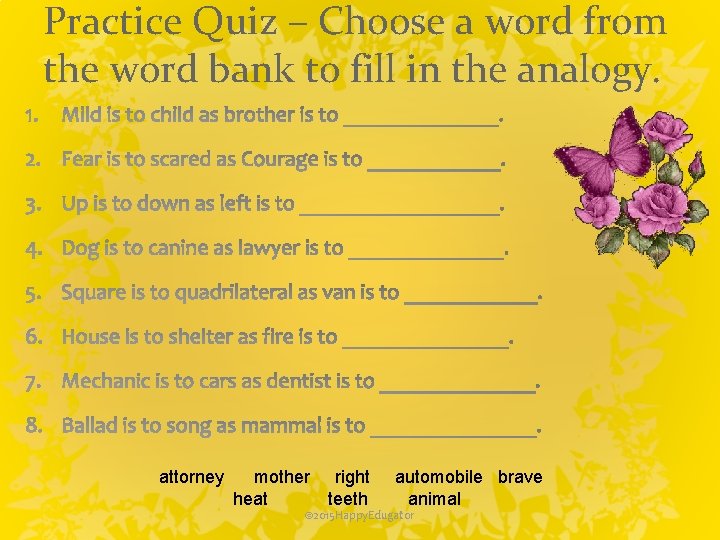 Practice Quiz – Choose a word from the word bank to fill in the