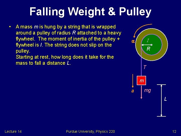 Falling Weight & Pulley • A mass m is hung by a string that