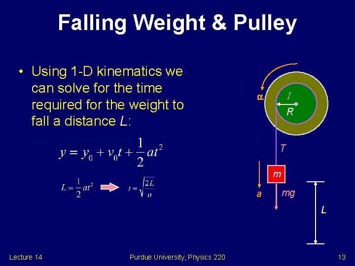 Falling Weight & Pulley • Using 1 -D kinematics we can solve for the