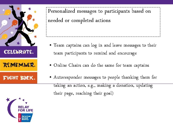 Personalized messages to participants based on needed or completed actions • Team captains can