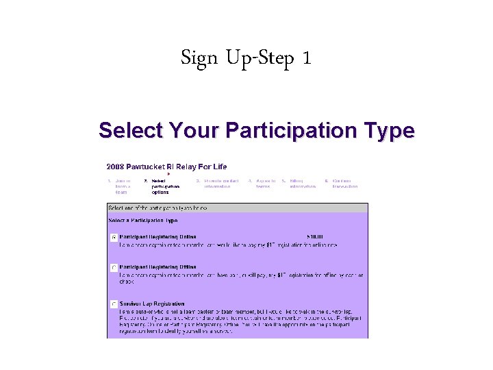 Sign Up-Step 1 Select Your Participation Type 