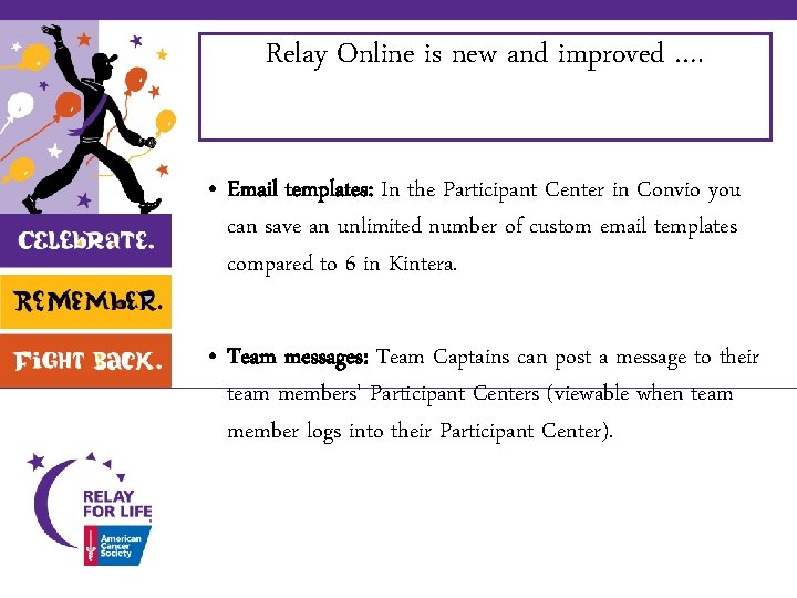 Relay Online is new and improved …. • Email templates: In the Participant Center