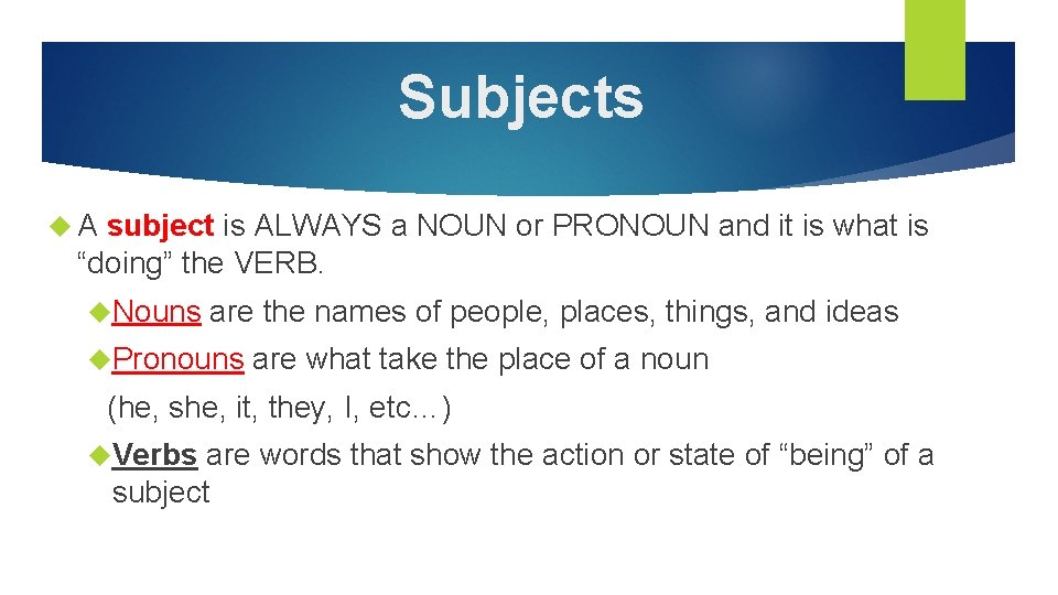 Subjects A subject is ALWAYS a NOUN or PRONOUN and it is what is