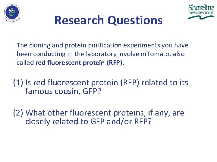 Research Questions The cloning and protein purification experiments you have been conducting in the