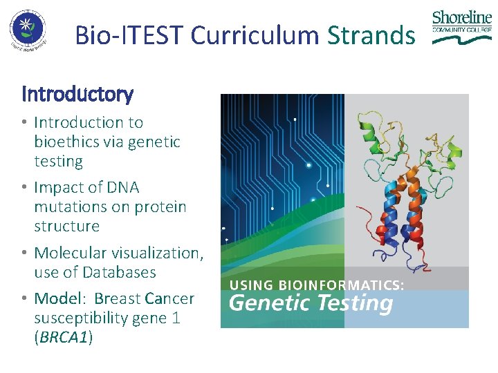 Bio-ITEST Curriculum Strands Introductory • Introduction to bioethics via genetic testing • Impact of