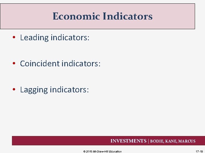 Economic Indicators • Leading indicators: • Coincident indicators: • Lagging indicators: INVESTMENTS | BODIE,