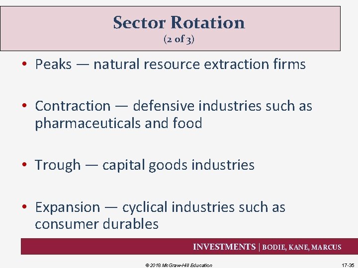 Sector Rotation (2 of 3) • Peaks — natural resource extraction firms • Contraction