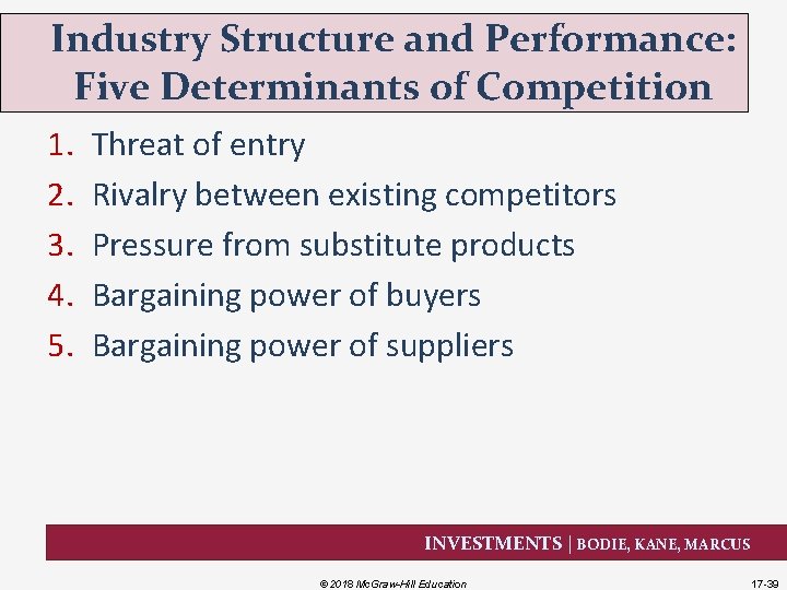 Industry Structure and Performance: Five Determinants of Competition 1. 2. 3. 4. 5. Threat