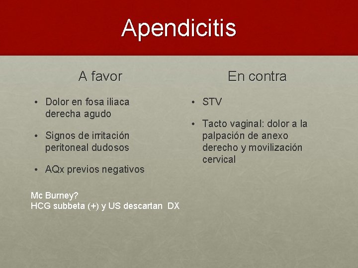 Apendicitis A favor • Dolor en fosa iliaca derecha agudo • Signos de irritación