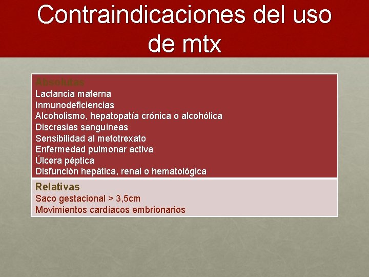 Contraindicaciones del uso de mtx Absolutas Lactancia materna Inmunodeficiencias Alcoholismo, hepatopatía crónica o alcohólica