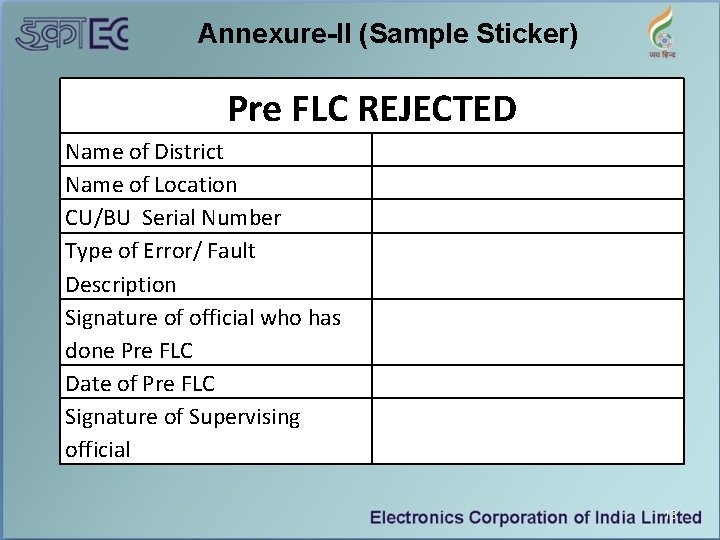 Annexure-II (Sample Sticker) Pre FLC REJECTED Name of District Name of Location CU/BU Serial