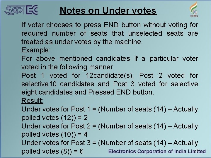 Notes on Under votes If voter chooses to press END button without voting for