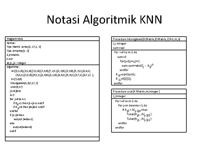 Notasi Algoritmik KNN Program KNN Kamus: Tipe Matrix : array[1. . 17, 1. .