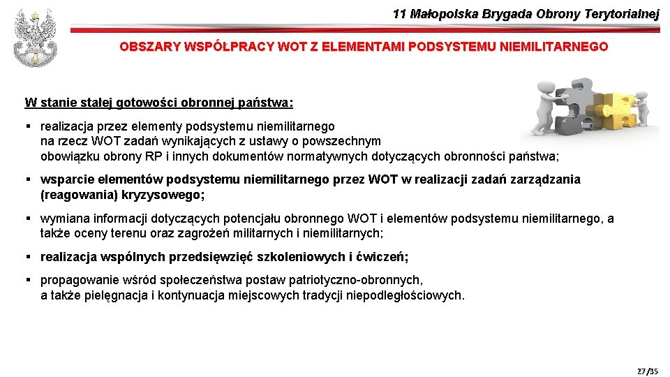 11 Małopolska Brygada Obrony Terytorialnej OBSZARY WSPÓŁPRACY WOT Z ELEMENTAMI PODSYSTEMU NIEMILITARNEGO W stanie