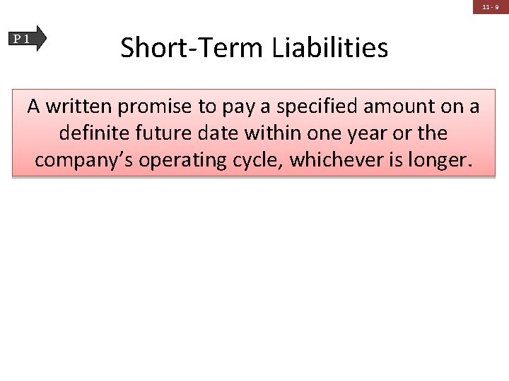 11 - 9 P 1 Short-Term Liabilities A written promise to pay a specified