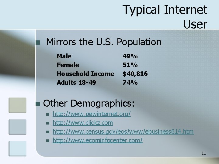 Typical Internet User n Mirrors the U. S. Population Male Female Household Income Adults