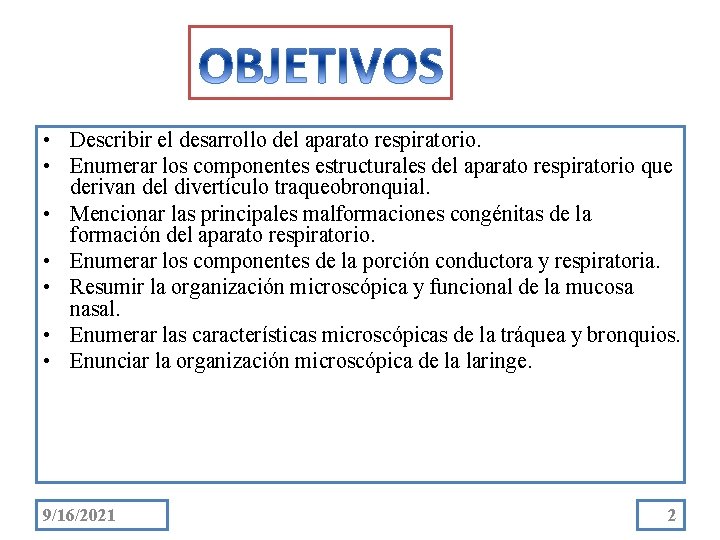  • Describir el desarrollo del aparato respiratorio. • Enumerar los componentes estructurales del