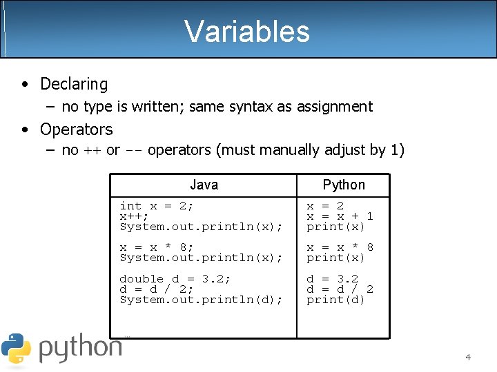 Variables • Declaring – no type is written; same syntax as assignment • Operators Variables • Declaring – no type is written; same syntax as assignment • Operators
