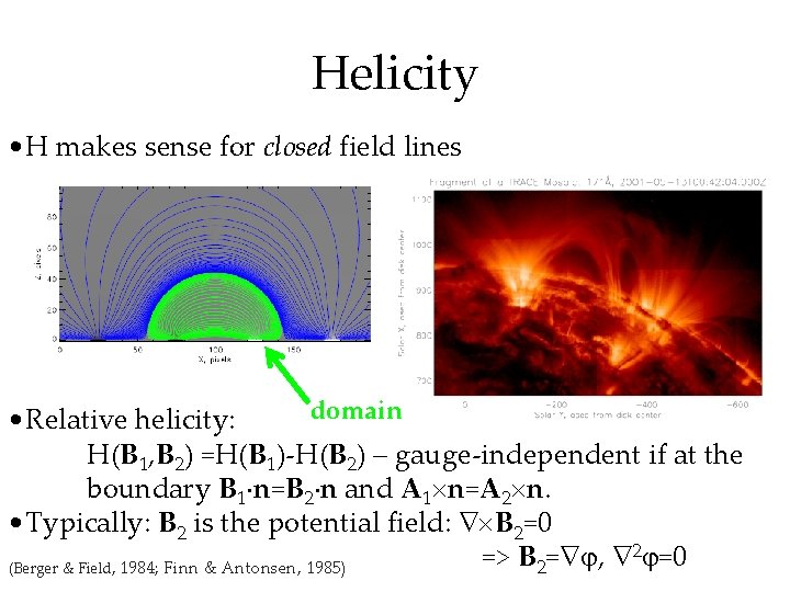 Helicity • H makes sense for closed field lines domain • Relative helicity: H(B