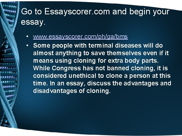 Go to Essayscorer. com and begin your essay. • www. essayscorer. com/ph/ga/bms • Some