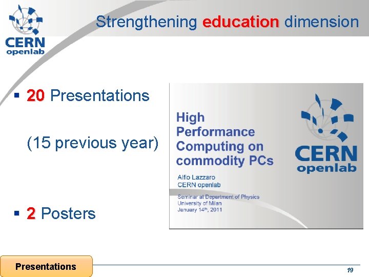 Strengthening education dimension § 20 Presentations (15 previous year) § 2 Posters Presentations 19 Strengthening education dimension § 20 Presentations (15 previous year) § 2 Posters Presentations 19