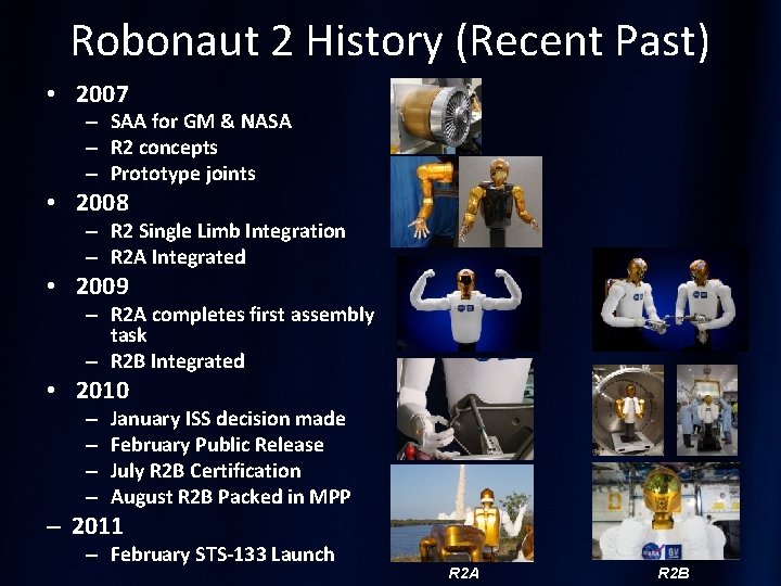 Robonaut 2 History (Recent Past) • 2007 – SAA for GM & NASA –