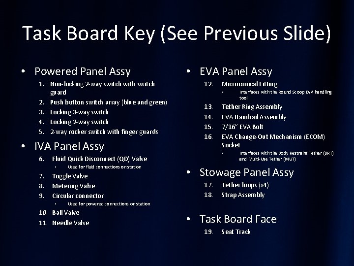 Task Board Key (See Previous Slide) • Powered Panel Assy 1. Non-locking 2 -way