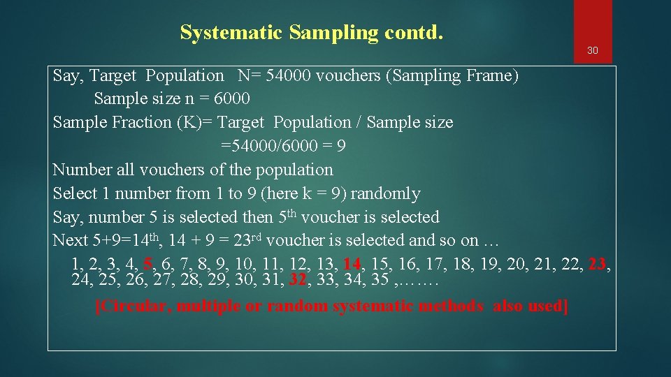 Systematic Sampling contd. 30 Say, Target Population N= 54000 vouchers (Sampling Frame) Sample size
