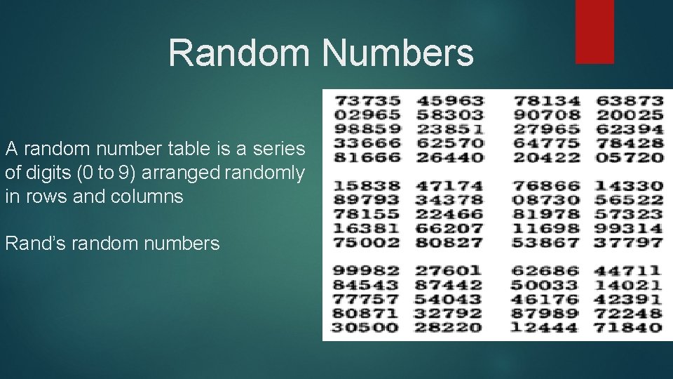 Random Numbers A random number table is a series of digits (0 to 9)