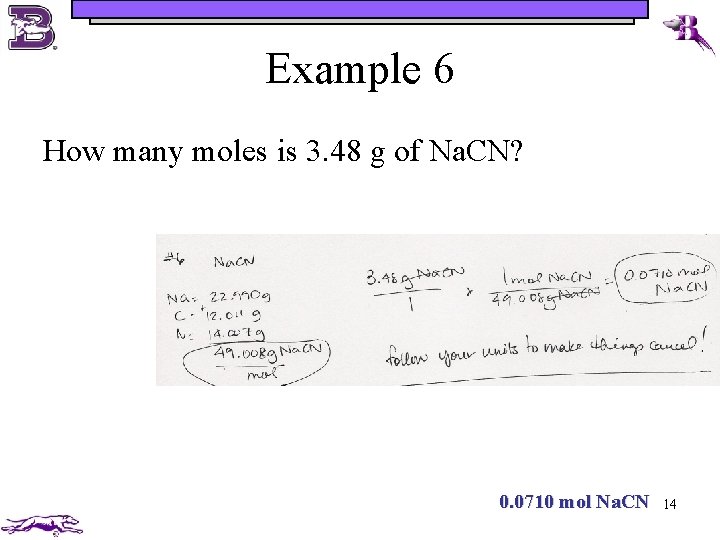 Example 6 How many moles is 3. 48 g of Na. CN? 0. 0710