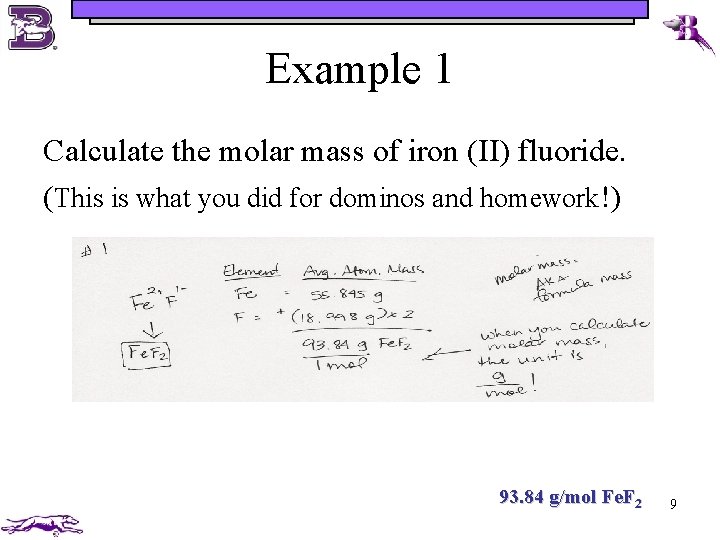 Example 1 Calculate the molar mass of iron (II) fluoride. (This is what you