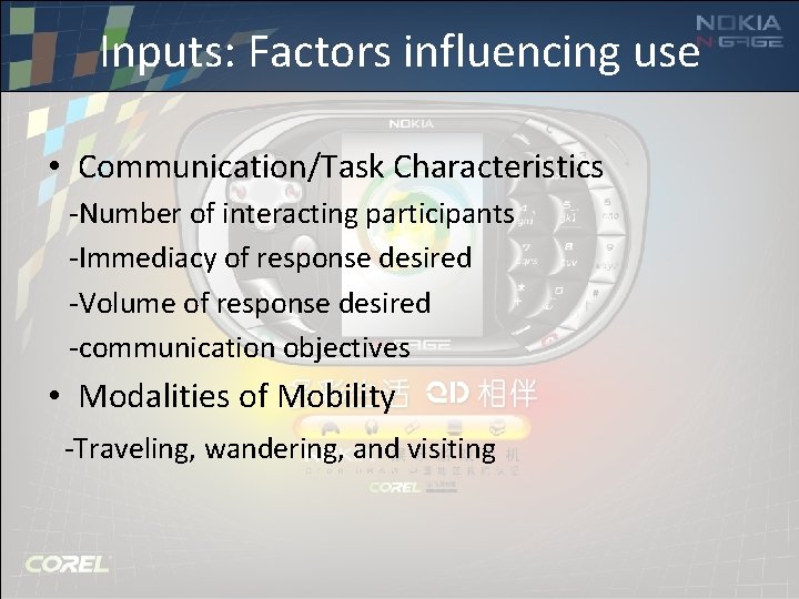 Inputs: Factors influencing use • Communication/Task Characteristics -Number of interacting participants -Immediacy of response