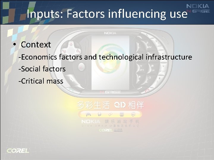 Inputs: Factors influencing use • Context -Economics factors and technological infrastructure -Social factors -Critical