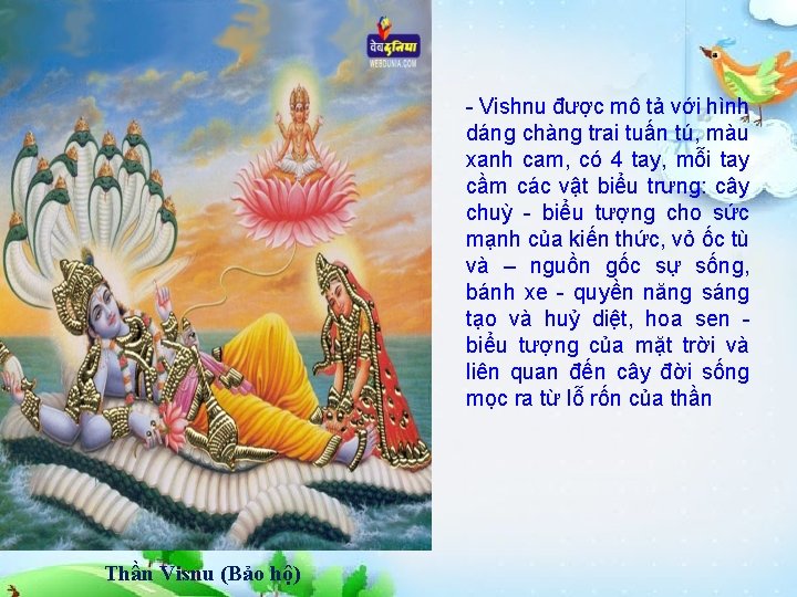 - Vishnu được mô tả với hình dáng chàng trai tuấn tú, màu xanh