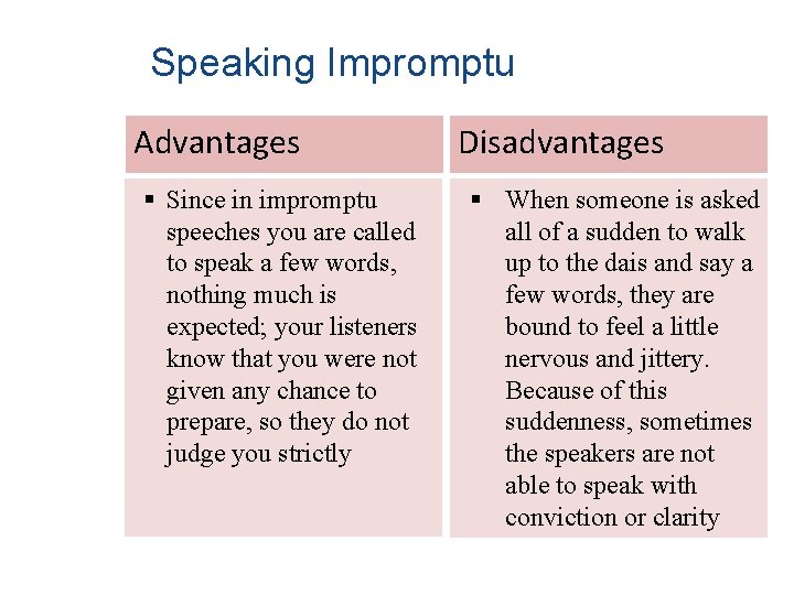 Speaking Impromptu Advantages § Since in impromptu speeches you are called to speak a
