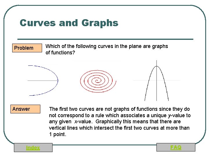 Curves and Graphs Problem Answer Index Which of the following curves in the plane