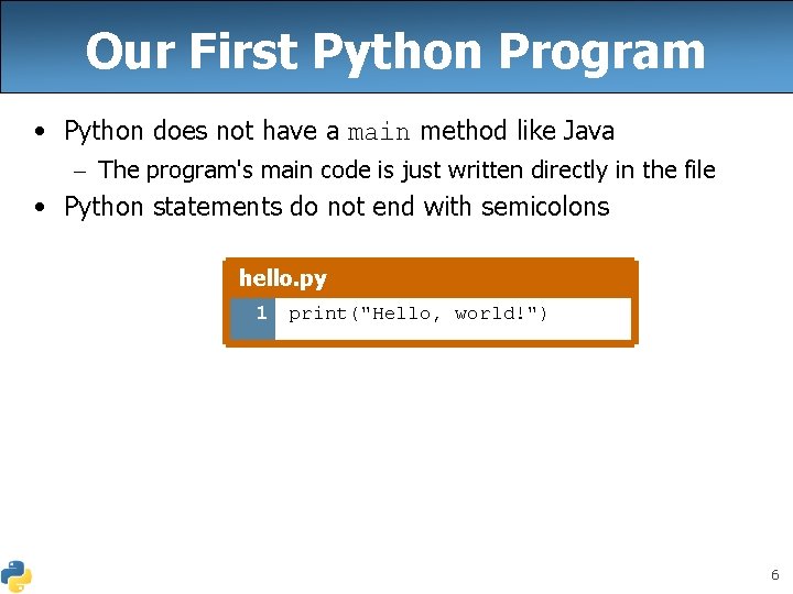 Our First Python Program • Python does not have a main method like Java