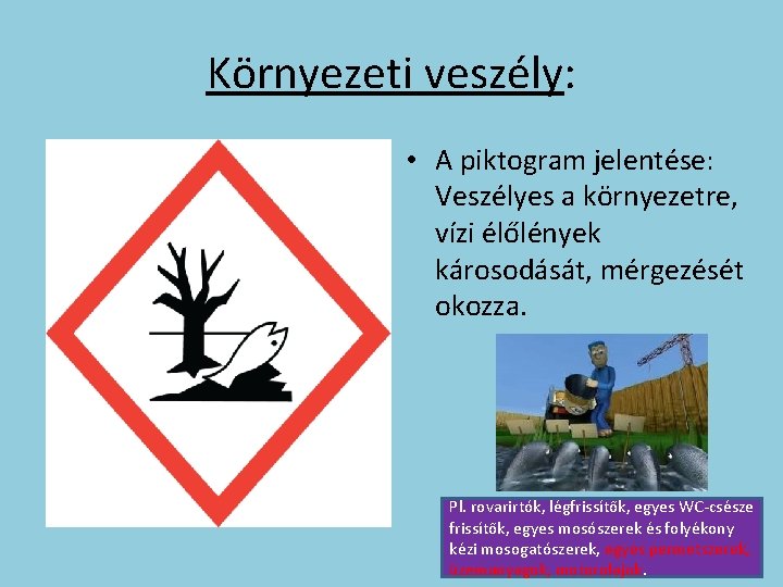 Környezeti veszély: • A piktogram jelentése: Veszélyes a környezetre, vízi élőlények károsodását, mérgezését okozza.