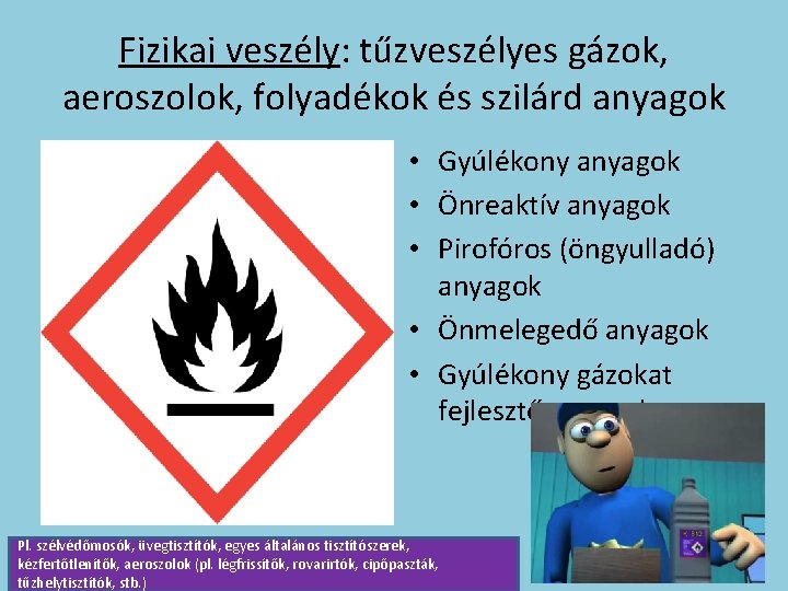 Fizikai veszély: tűzveszélyes gázok, aeroszolok, folyadékok és szilárd anyagok • Gyúlékony anyagok • Önreaktív