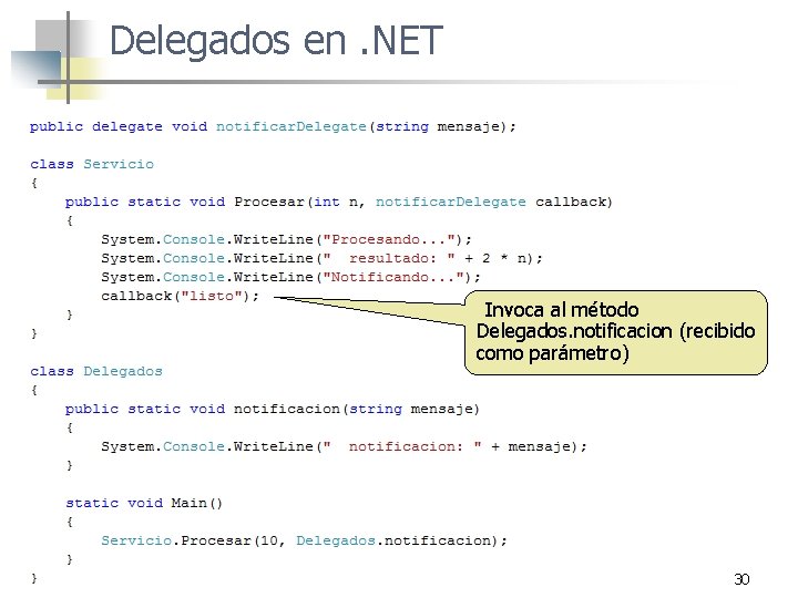 Delegados en. NET n. Invoca al método Delegados. notificacion (recibido como parámetro) 30 