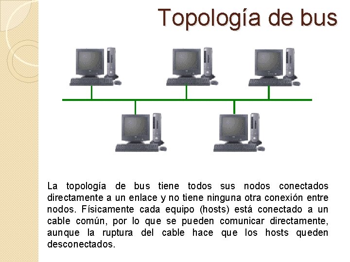 Topología de bus La topología de bus tiene todos sus nodos conectados directamente a