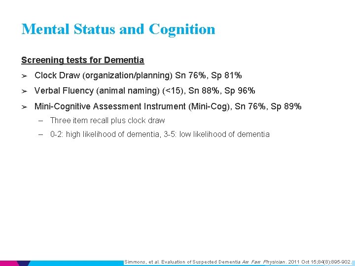 Mental Status and Cognition Screening tests for Dementia ➢ Clock Draw (organization/planning) Sn 76%,