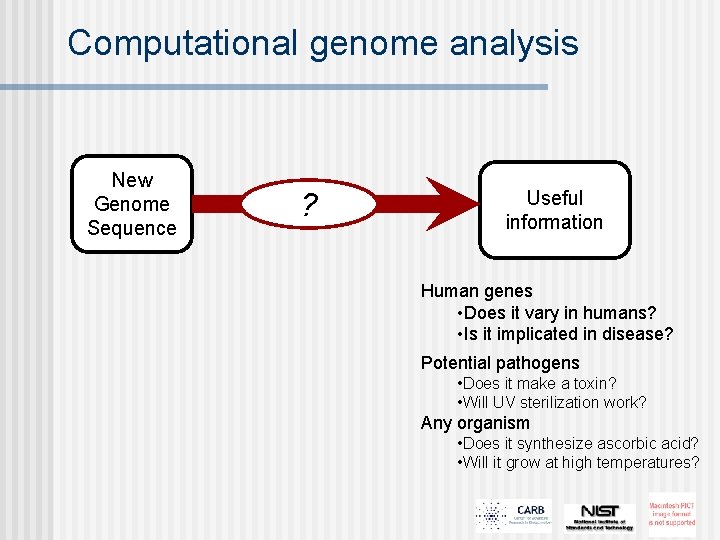 Computational genome analysis New Genome Sequence ? Useful information Human genes • Does it