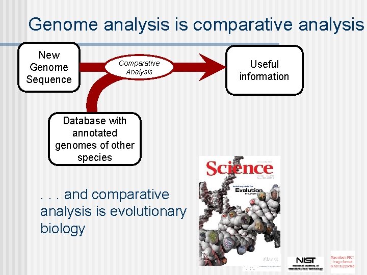Genome analysis is comparative analysis New Genome Sequence ? Comparative Analysis Database with annotated