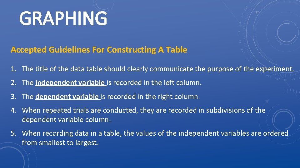 GRAPHING Accepted Guidelines For Constructing A Table 1. The title of the data table