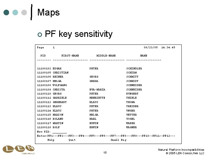 Maps ¢ Page PF key sensitivity 1 08/23/05 14: 34: 45 PID FIRST-NAME MIDDLE-NAME